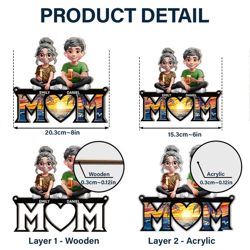 Gift For Mother,Love - Mother Daughter Son We Love You Mom 3D Cartoon - Personalized Window Hanging Suncatcher Ornament