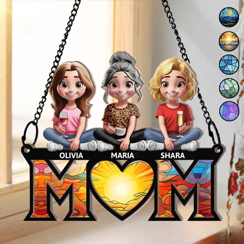 Gift For Mother,Love - Mother Daughter Son We Love You Mom 3D Cartoon - Personalized Window Hanging Suncatcher Ornament