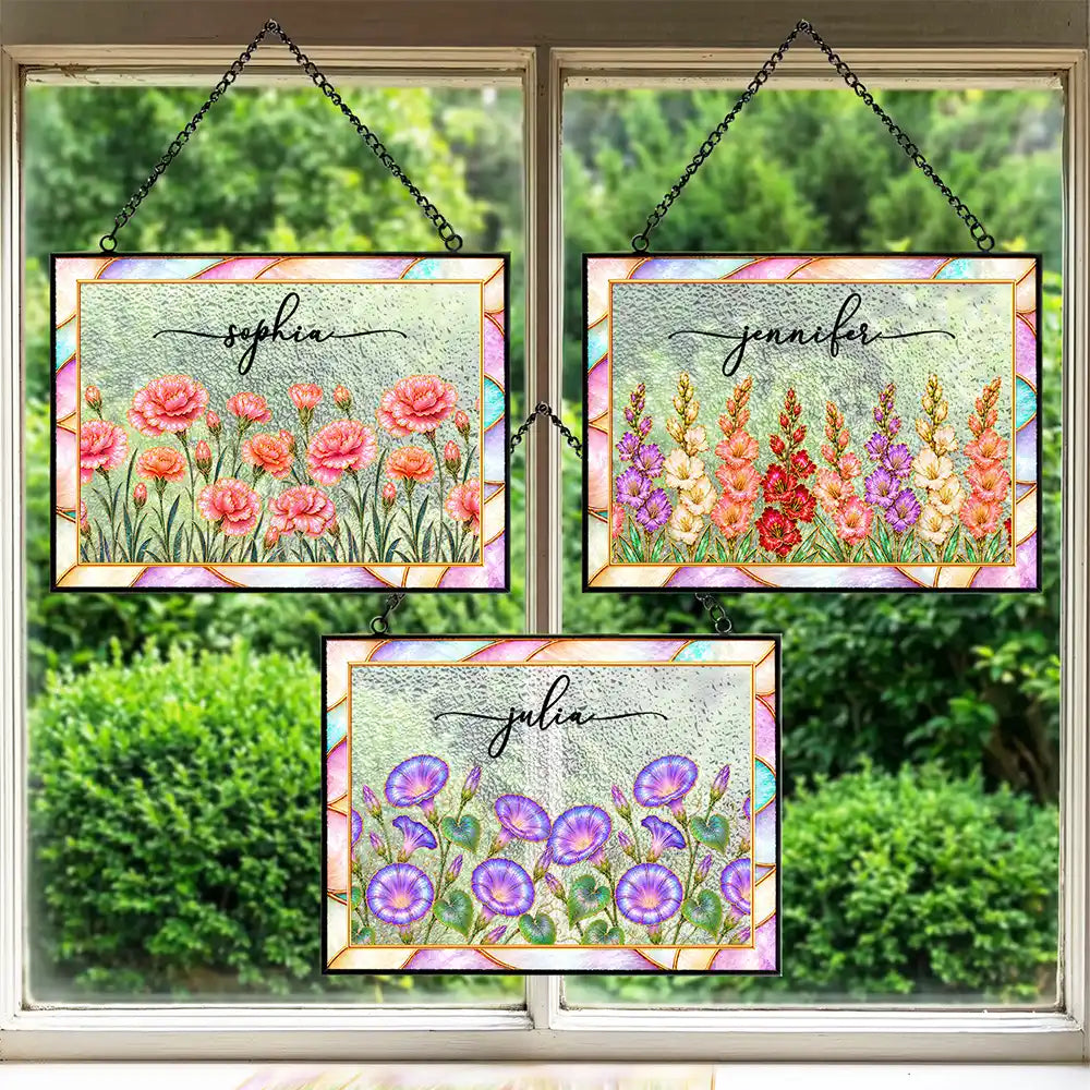 Mother Of Pearl Birth Flower Blooming In Love - Personalized Horizontal Stained Glass Suncatcher