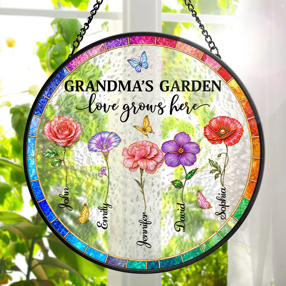 Mother Of Pearl Birth Flower Grandma's Garden - Personalized Stained Glass Window Hanging Suncatcher