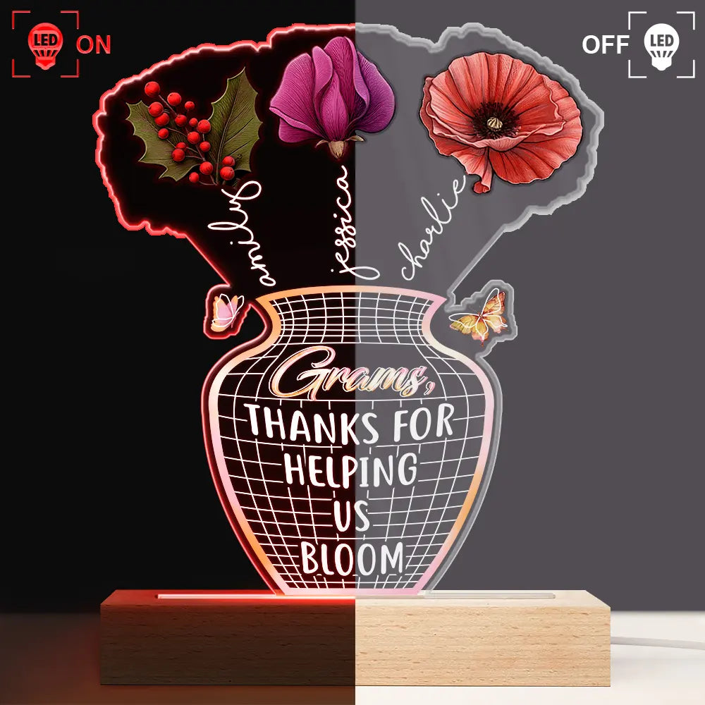 Gift For Mother,Love - Mother Thanks For Helping Us Bloom Birth Flower - Personalized 3D Led Light Wooden Base