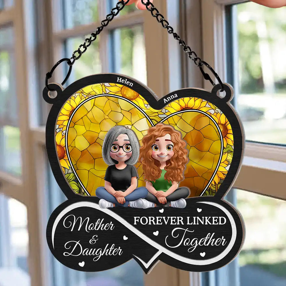 Gift For Mother,Mom - Daughters (Adult),Gift For Daughter,Happy - Mother And Daughters Forever Linked Together - Personalized Window Hanging Suncatcher Ornament