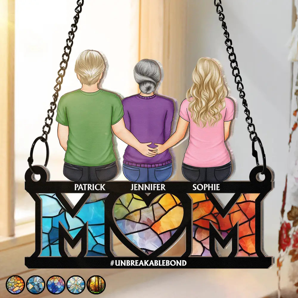 Gift For Mother,Family, Happy - Mother & Children Sitting Bakside Unbreakable Bond - Personalized Window Hanging Suncatcher Ornament