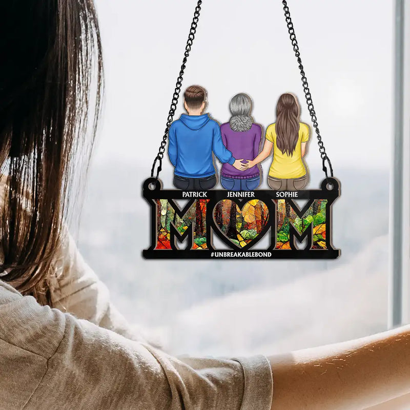 Gift For Mother,Family, Happy - Mother & Children Sitting Bakside Unbreakable Bond - Personalized Window Hanging Suncatcher Ornament