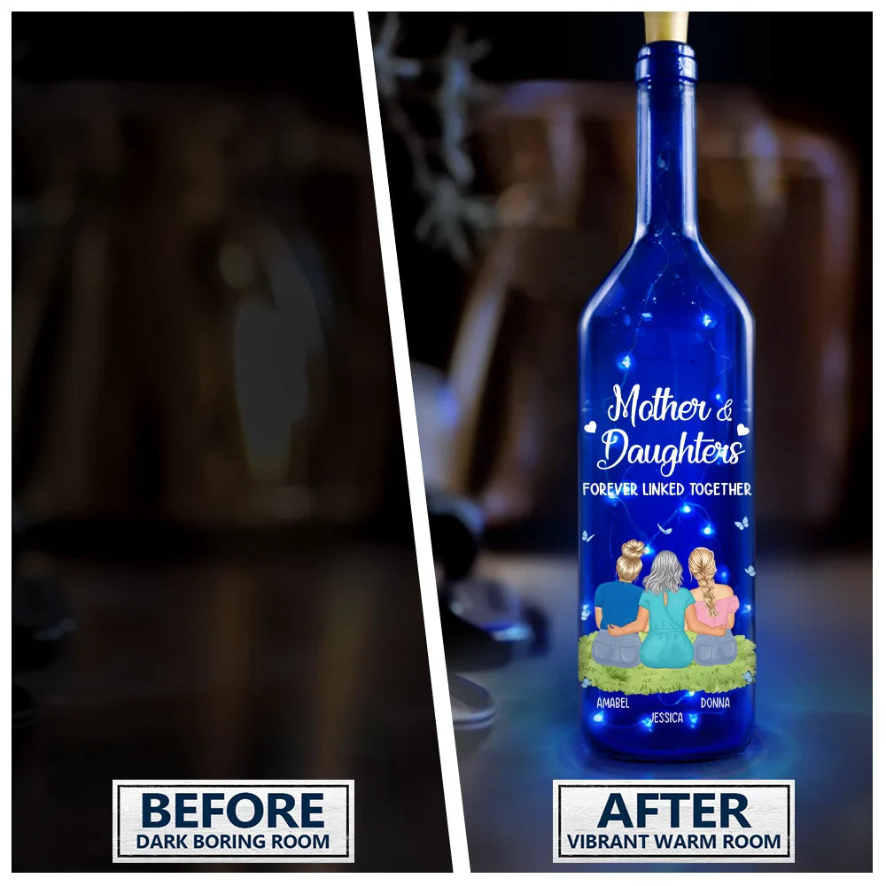 Mom - Daughters (Adult),Gift For Mother,Love - Mother & Daughter Forever Linked Together - Personalized Blue Bottle Light