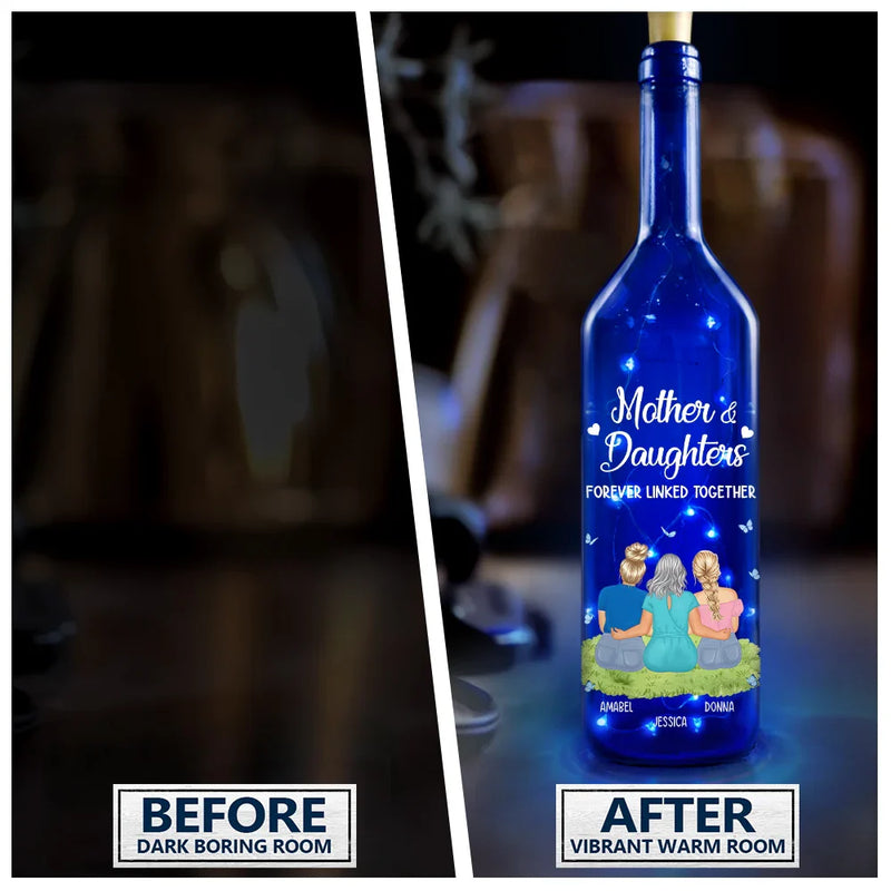 Mom - Daughters (Adult),Gift For Mother,Love - Mother & Daughter Forever Linked Together - Personalized Blue Bottle Light