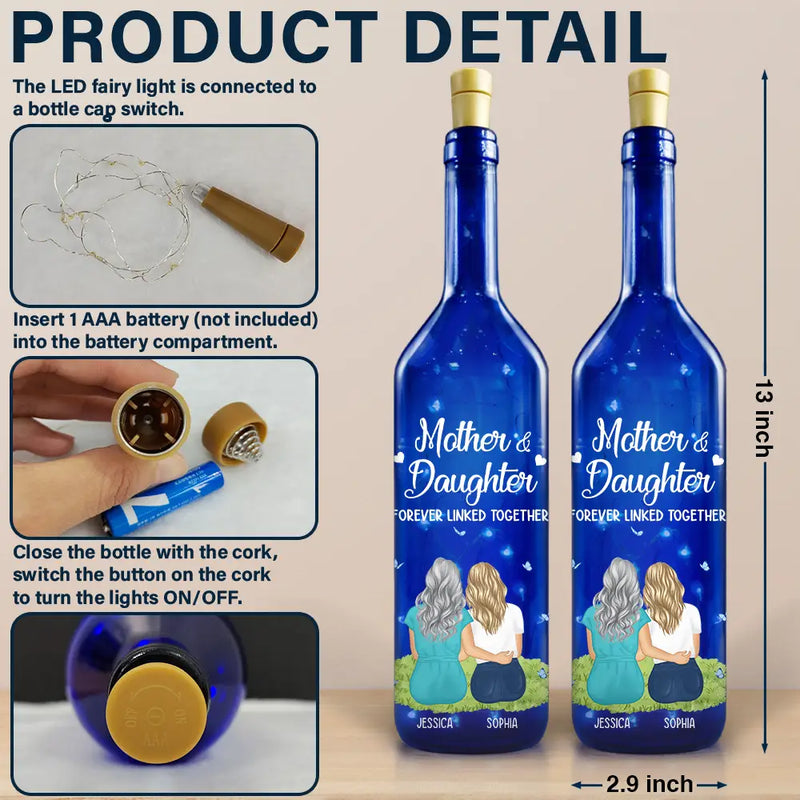 Mom - Daughters (Adult),Gift For Mother,Love - Mother & Daughter Forever Linked Together - Personalized Blue Bottle Light