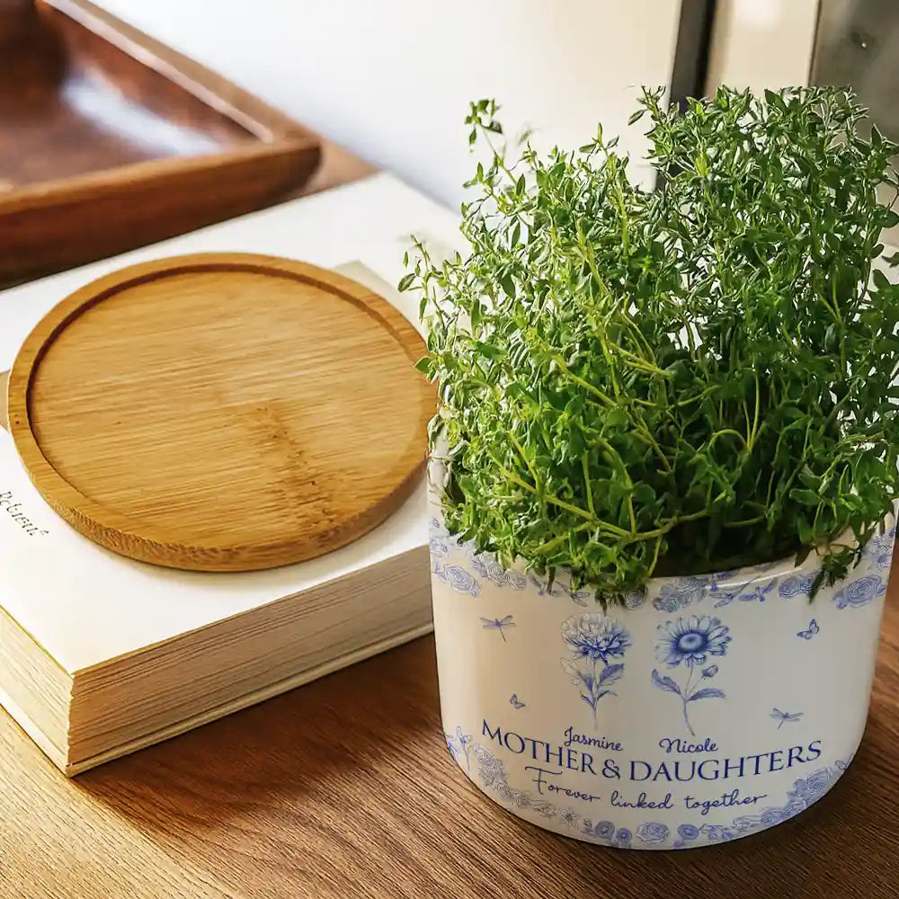 Gift For Mother, Mom - Daughters (Adult), Mom - Daughters (Young), Mom - Sons, Mom - Children, Love - Mother & Daughters Forever Linked Together - Personalized Ceramic Plant Pot
