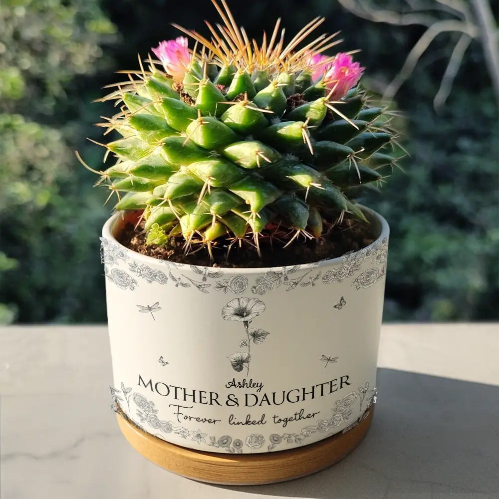 Gift For Mother, Mom - Daughters (Adult), Mom - Daughters (Young), Mom - Sons, Mom - Children, Love - Mother & Daughters Forever Linked Together - Personalized Ceramic Plant Pot