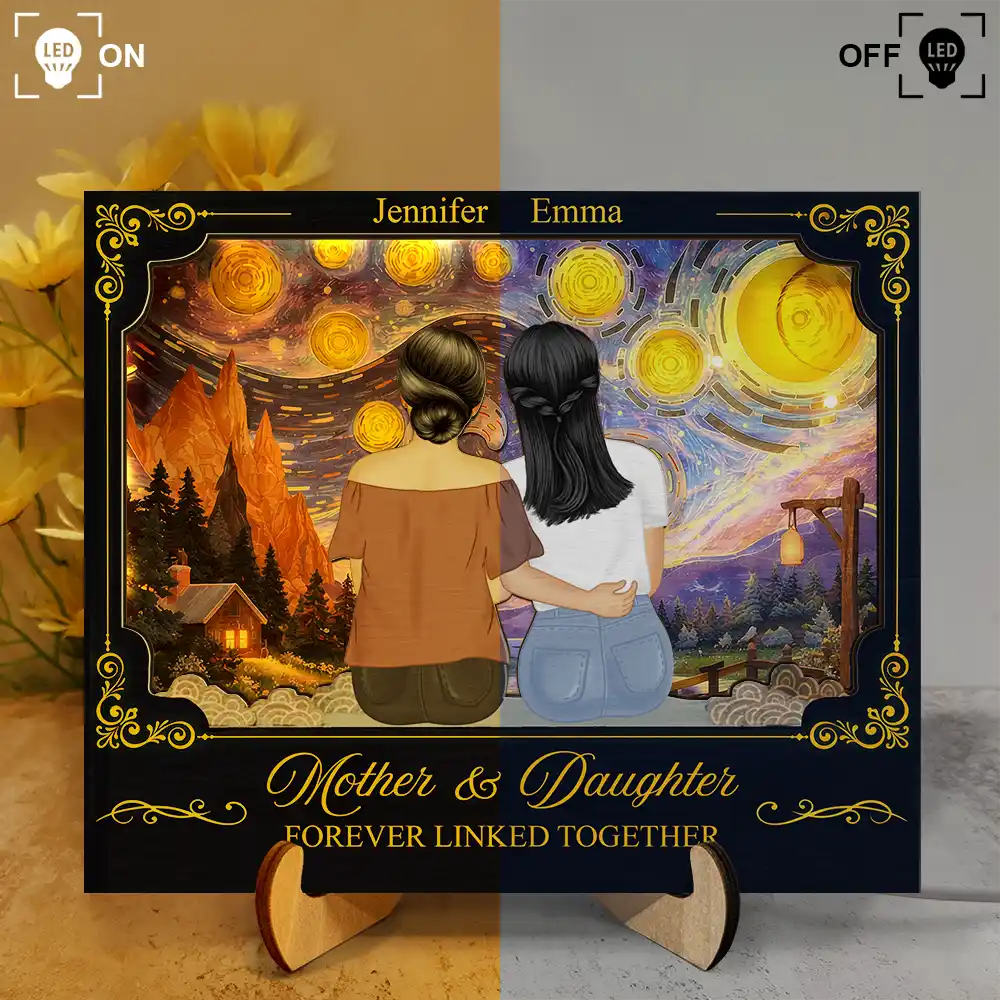 Gift For Mother, Dad - Daughters (Adult), Gift For Daughter, Love - Mother & Daughters Forever Linked Together - Personalized LED Light Wooden Plaque