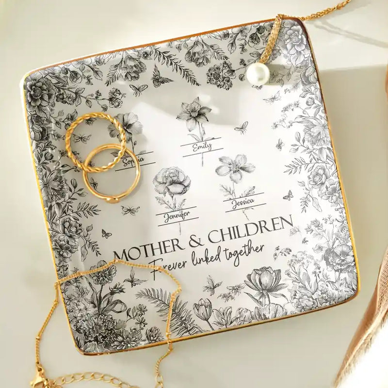Gift For Mother, Mom - Daughters (Adult), Happy - Mother & Daughters Forever Linked Together Toile Birth Month Flower - Personalized Ring Dish