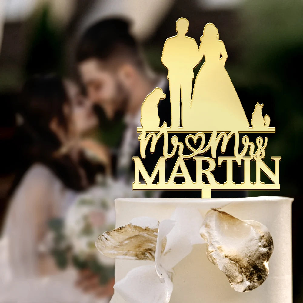 Wedding Anniversary, Pet Lovers, Pet Couple, Happy - Mr & Mrs Pet Couple Wedding - Personalized Cake Topper