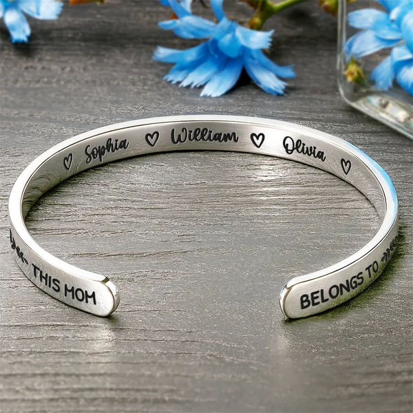 Gift For Mother,Gift For Grandma,Happy,Icon - Multiple Kid Names This Mom Grandma Belongs To - Personalized Bangle Bracelet Cuff