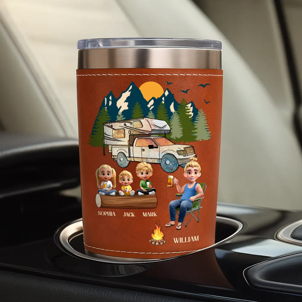Gift For Men, Gift For Father, Dad's Hobby, Camping, Dad - Daughters (Young), Dad - Sons, Dad - Children, Happy - My Favorite Camping Buddies - Personalized Leather Tumbler