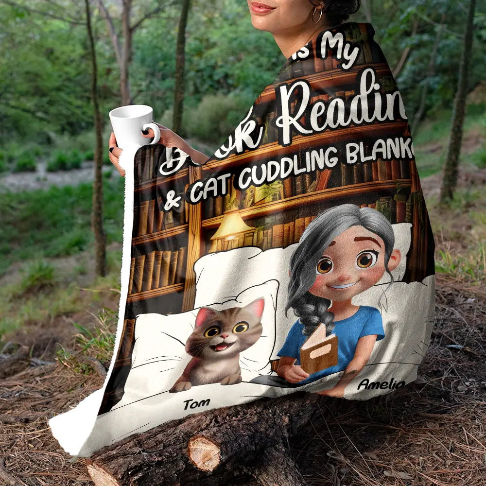 Cat Mom, Reading, Dog Mom, Gift For Yourself, Happy - My Book Reading & Cat Cuddling Blanket 3D Effect - Personalized Fleece Blanket, Sherpa Blanket