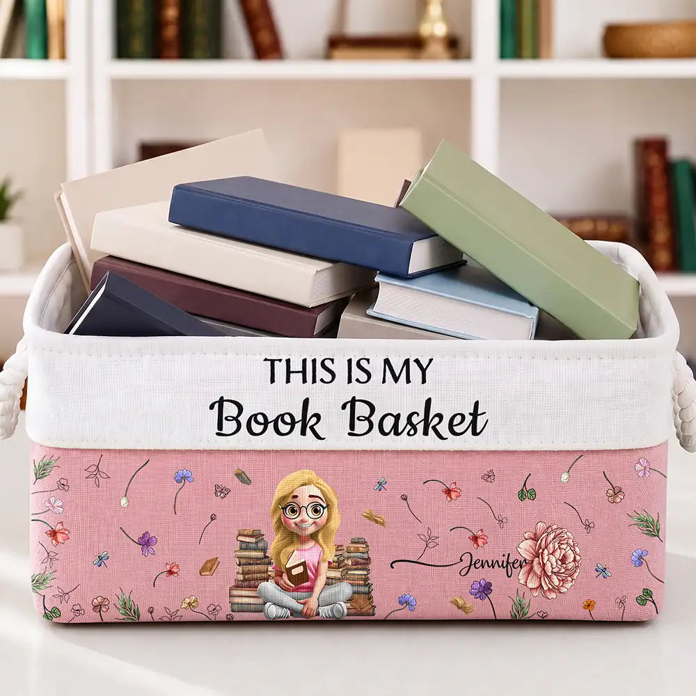 Adorable, Reading, Gift For Yourself, Gift For Women, Vector - My Books Reading Girl With Birth Month Flower - Personalized Storage Basket