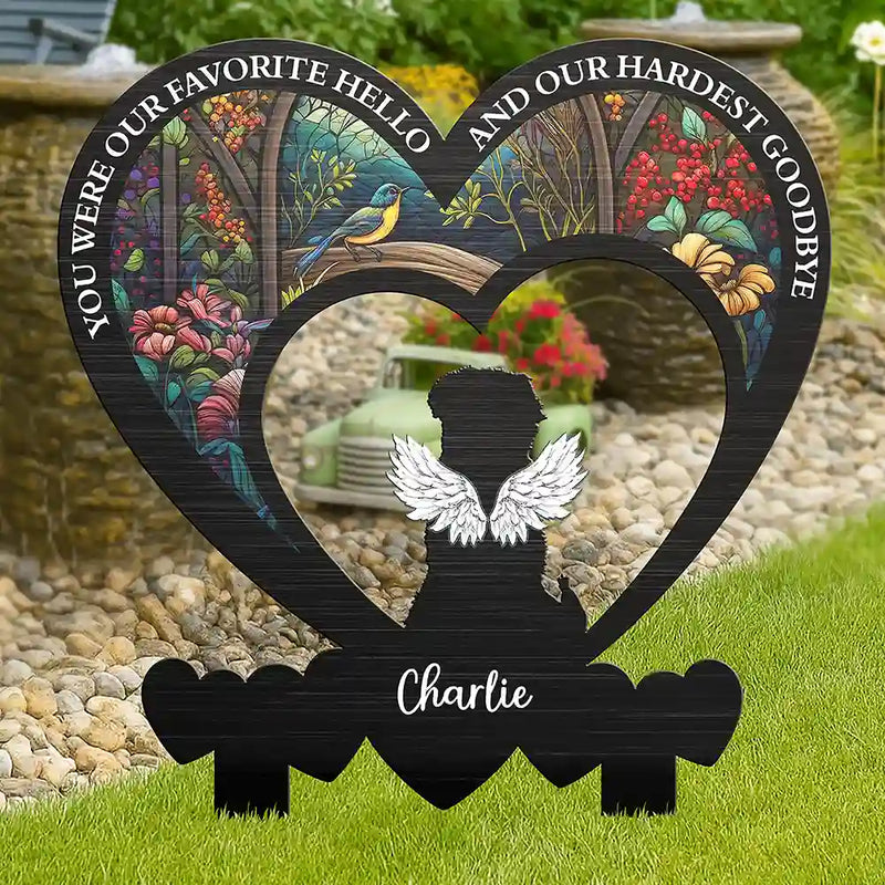 Pet Lovers, Memorial, Sad - My Favorite Hello And Hardest Goodbye - Personalized Metal Garden Stake