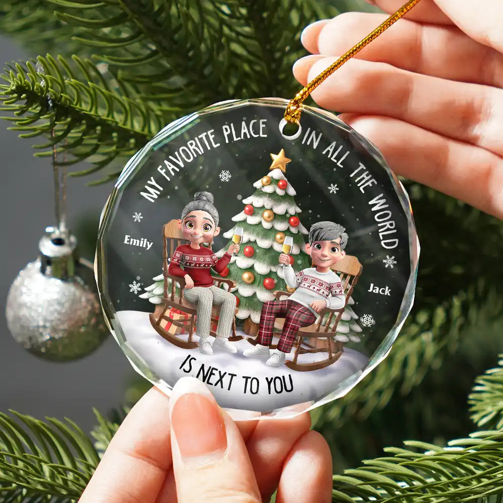 Christmas,Gift For Couples,Gift For Husband,Gift For Wife,Gift For Boyfriend,Gift For Girlfriend,Happy - My Favorite Place In All The World 3D Effect - Personalized Circle Glass Ornament