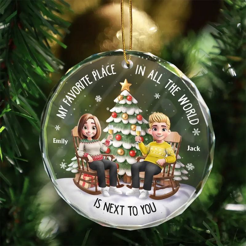 Christmas,Gift For Couples,Gift For Husband,Gift For Wife,Gift For Boyfriend,Gift For Girlfriend,Happy - My Favorite Place In All The World 3D Effect - Personalized Circle Glass Ornament