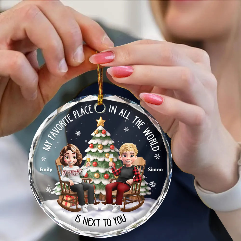 Christmas,Gift For Couples,Gift For Husband,Gift For Wife,Gift For Boyfriend,Gift For Girlfriend,Happy - My Favorite Place In All The World 3D Effect - Personalized Circle Glass Ornament