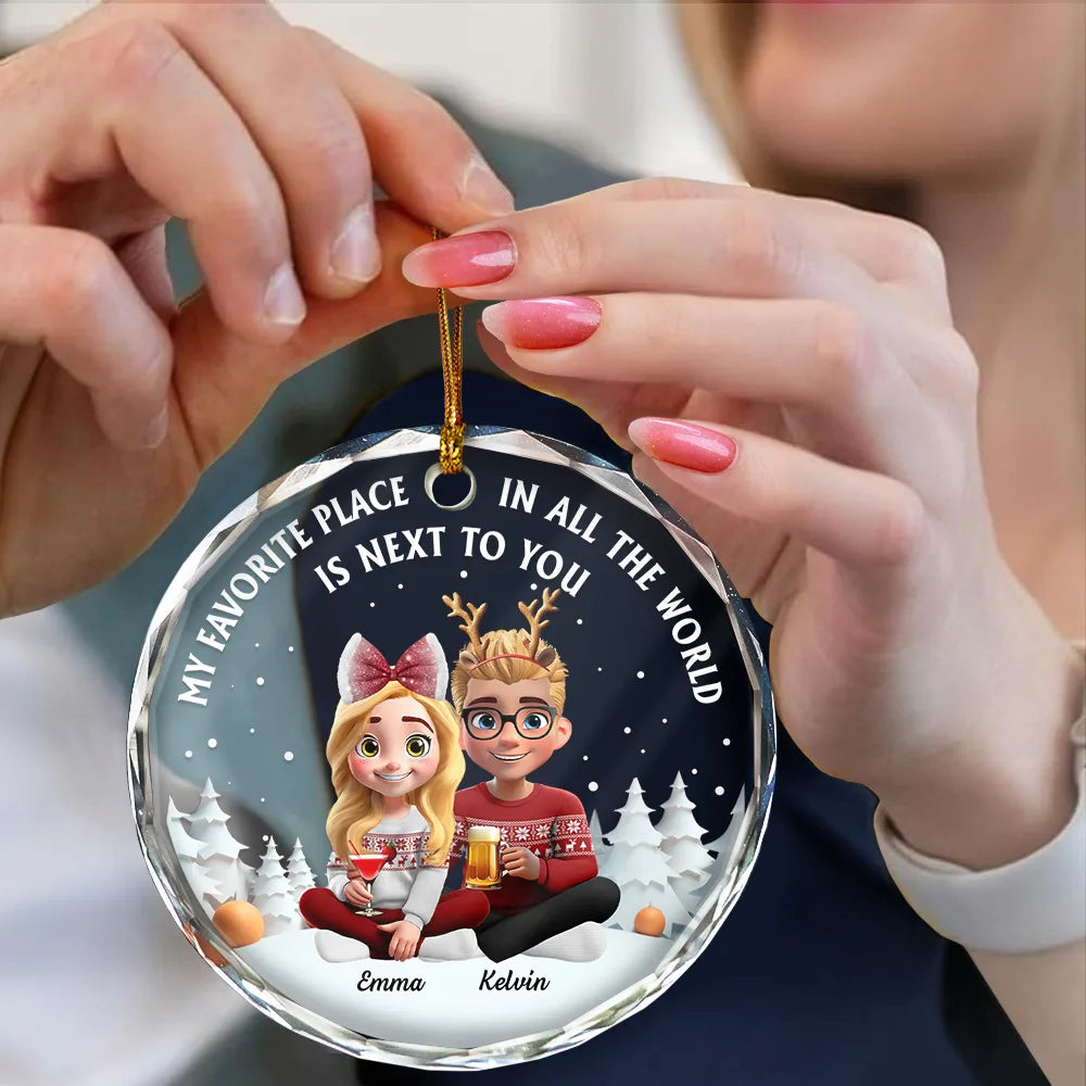 Gift For Couples,Old Couples,Gift For Women,Gift For Men,Gift For Husband,Gift For Wife,Love,Christmas,Gift For Boyfriend,Gift For Girlfriend - My Favorite Place In All The World 3D Effect Couple Christmas - Personalized Circle Glass Ornament 