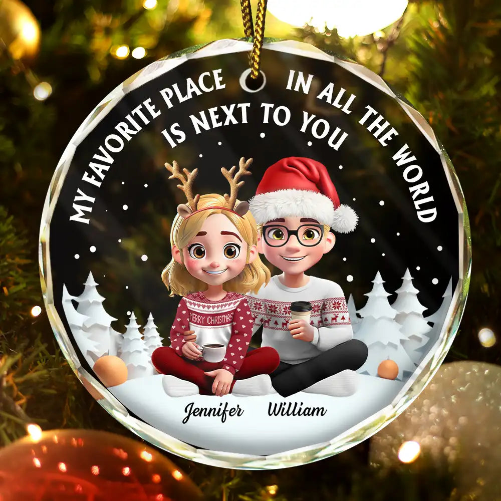 My Favorite Place In All The World 3D Effect Couple Christmas - Personalized Circle Glass Ornament