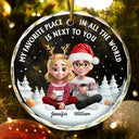 Gift For Couples,Old Couples,Gift For Women,Gift For Men,Gift For Husband,Gift For Wife,Love,Christmas,Gift For Boyfriend,Gift For Girlfriend - My Favorite Place In All The World 3D Effect Couple Christmas - Personalized Circle Glass Ornament 