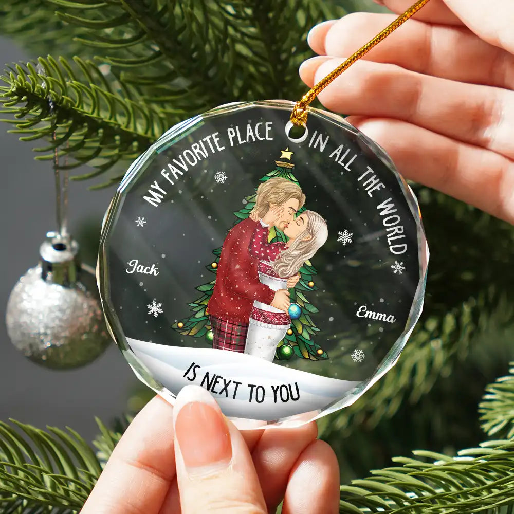 Christmas,Gift For Couples,Gift For Husband,Gift For Wife,Gift For Boyfriend,Happy - My Favorite Place In All The World Side View - Personalized Circle Glass Ornament