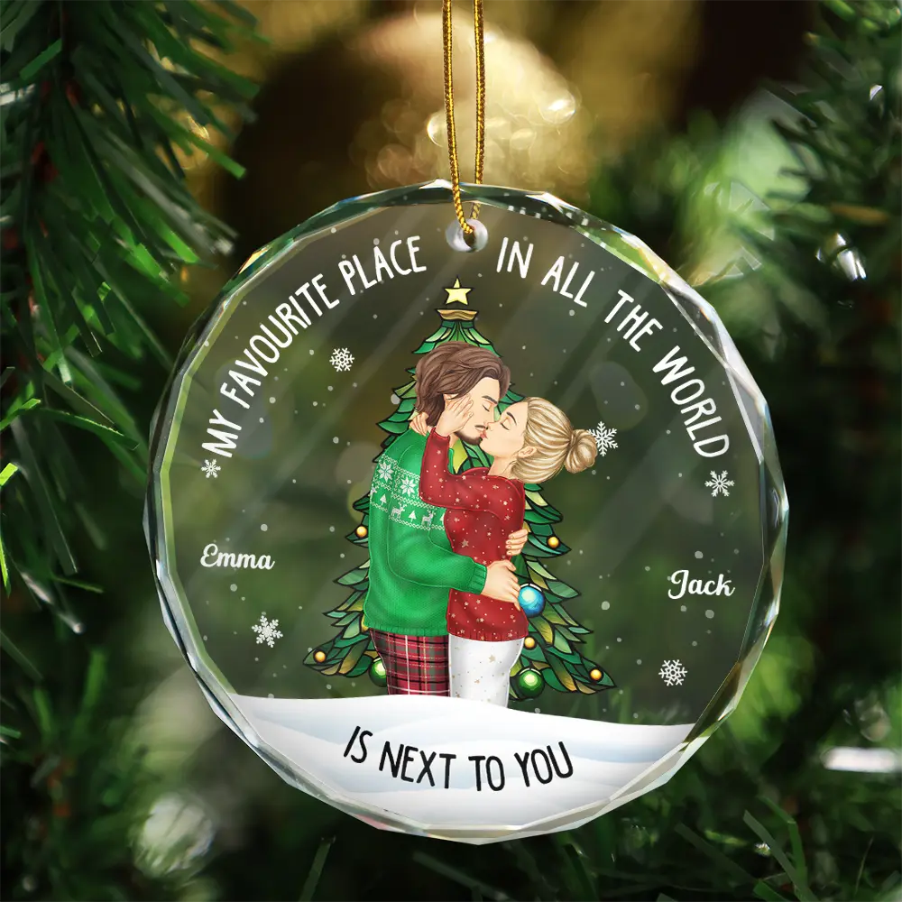 Christmas,Gift For Couples,Gift For Husband,Gift For Wife,Gift For Boyfriend,Happy - My Favorite Place In All The World Side View - Personalized Circle Glass Ornament