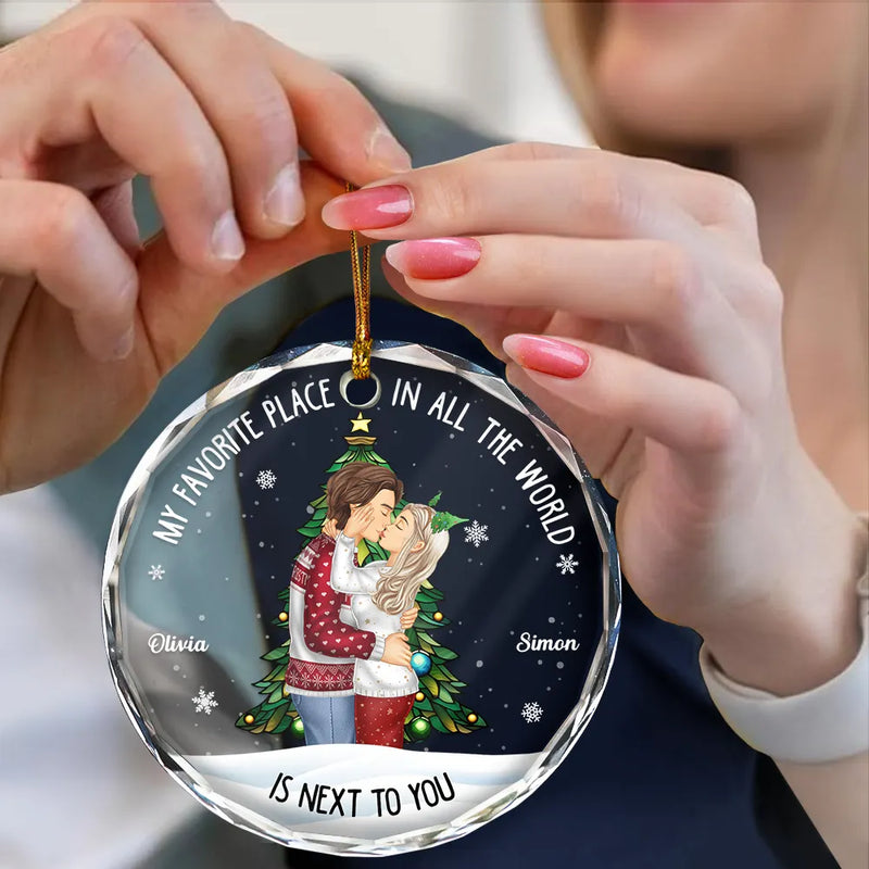 Christmas,Gift For Couples,Gift For Husband,Gift For Wife,Gift For Boyfriend,Happy - My Favorite Place In All The World Side View - Personalized Circle Glass Ornament