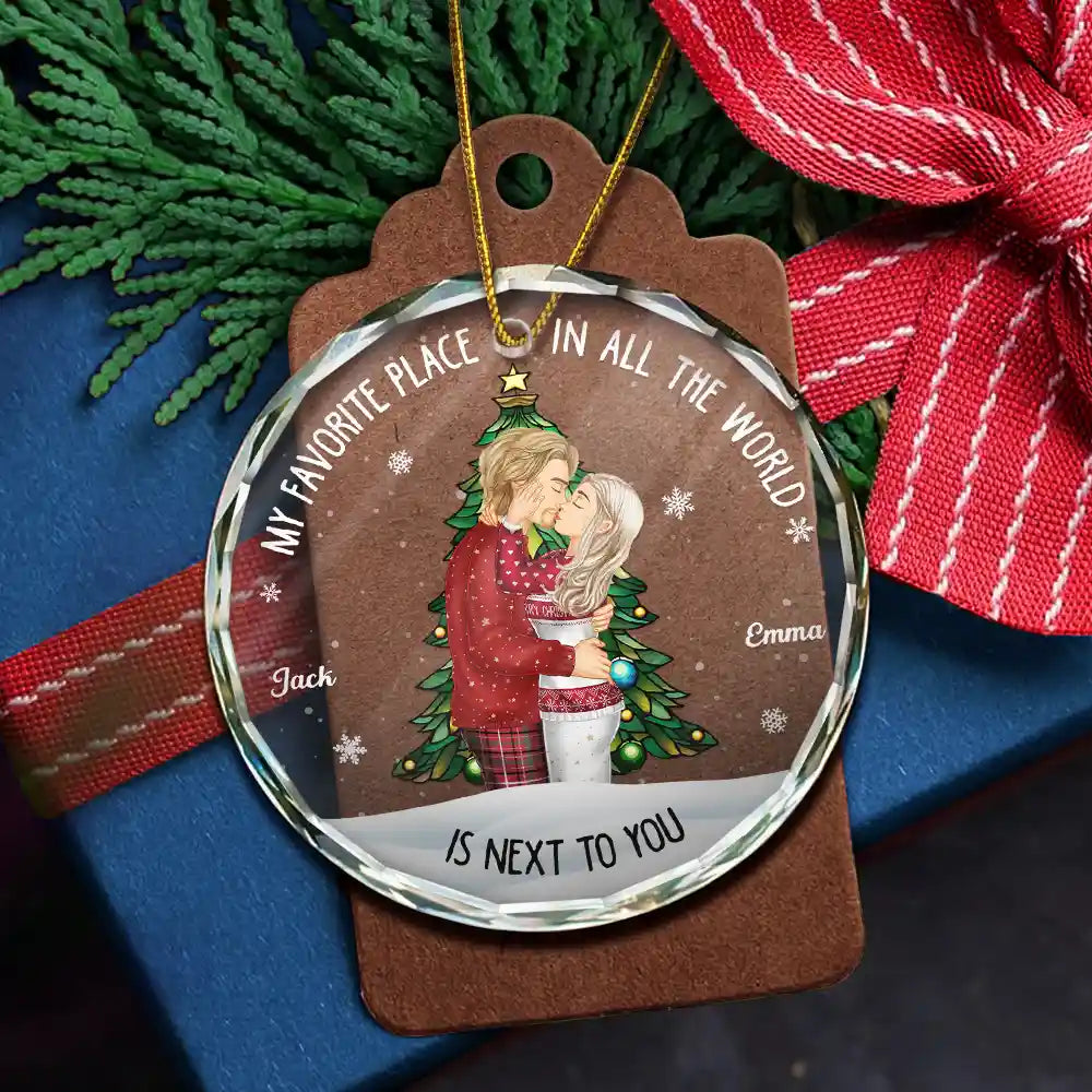 Christmas,Gift For Couples,Gift For Husband,Gift For Wife,Gift For Boyfriend,Happy - My Favorite Place In All The World Side View - Personalized Circle Glass Ornament