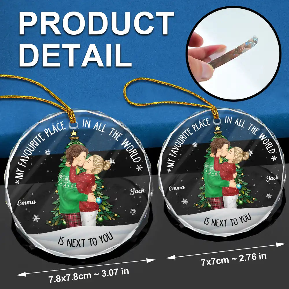 Christmas,Gift For Couples,Gift For Husband,Gift For Wife,Gift For Boyfriend,Happy - My Favorite Place In All The World Side View - Personalized Circle Glass Ornament