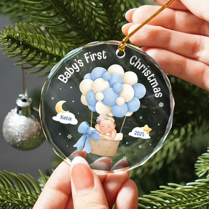 Family,Parents,Christmas,Happy - My First Christmas Baby Girl Boy - Personalized Circle Glass Ornament