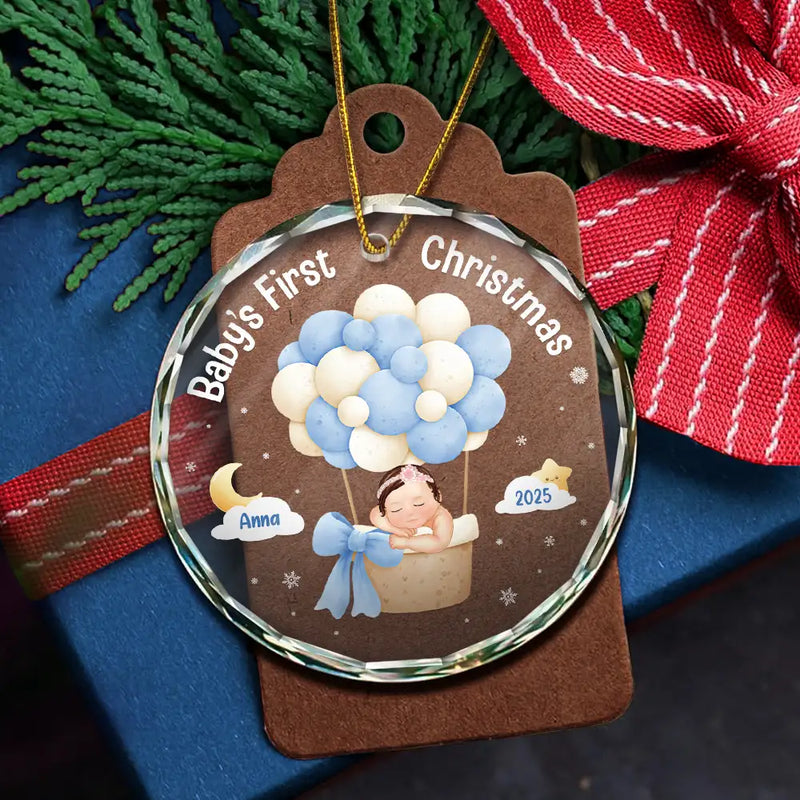 Family,Parents,Christmas,Happy - My First Christmas Baby Girl Boy - Personalized Circle Glass Ornament