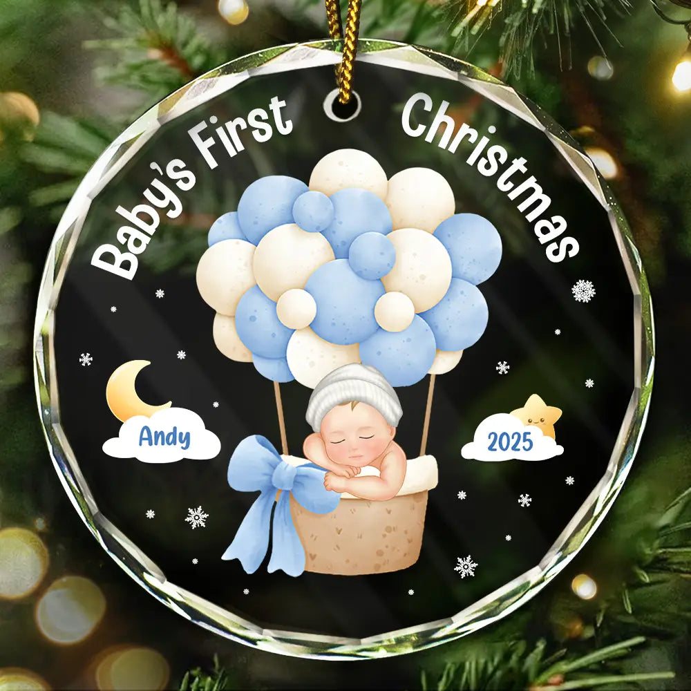 Family,Parents,Christmas,Happy - My First Christmas Baby Girl Boy - Personalized Circle Glass Ornament