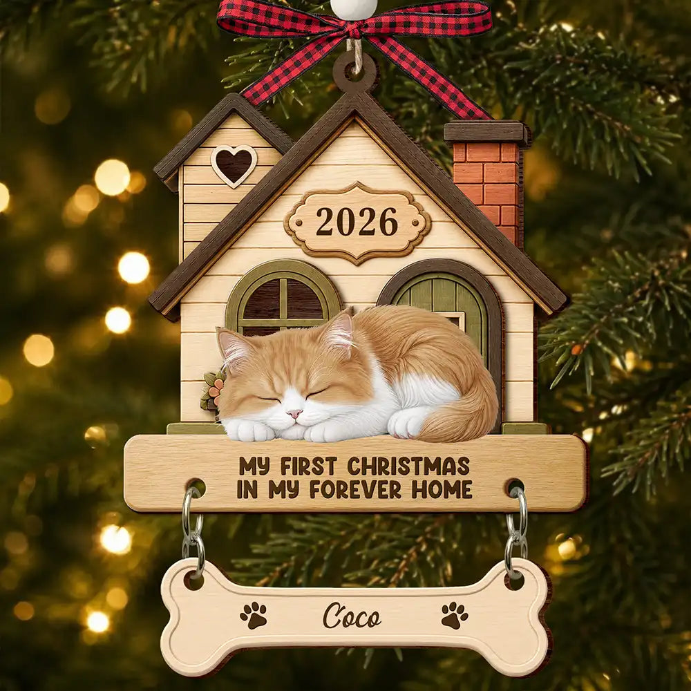 Christmas,Pet Lovers,Vector,Happy - My First Christmas In My Forever Home - Personalized Wooden Ornament With Tag