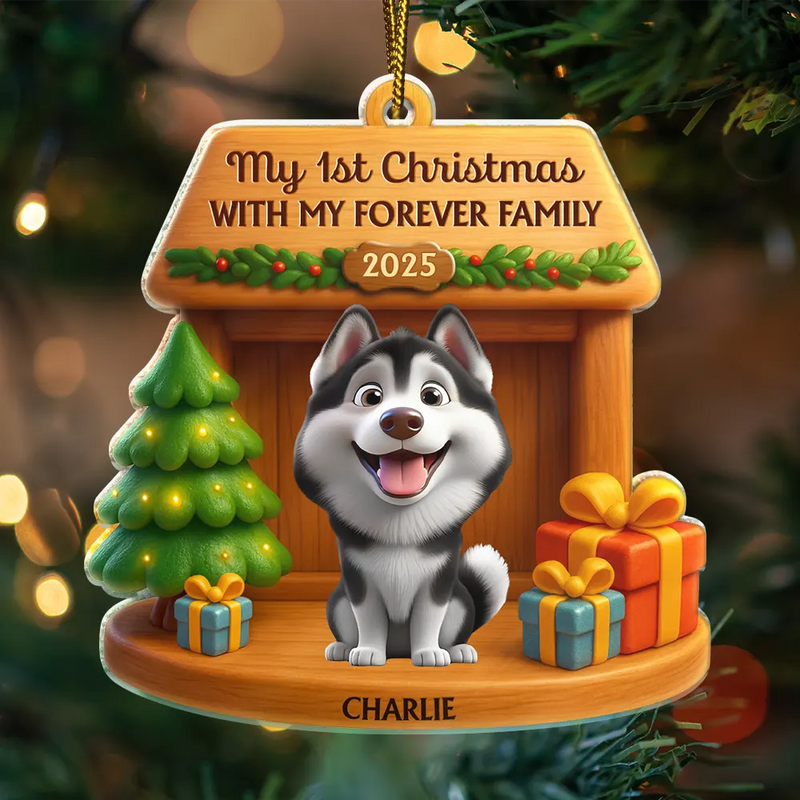 Pet Lovers, Pet Mom, Pet Dad, Dog Lovers, Dog Mom, Dog Dad, Happy, Christmas - My First Christmas With My Forever Family - Personalized Custom Shaped Acrylic Ornament