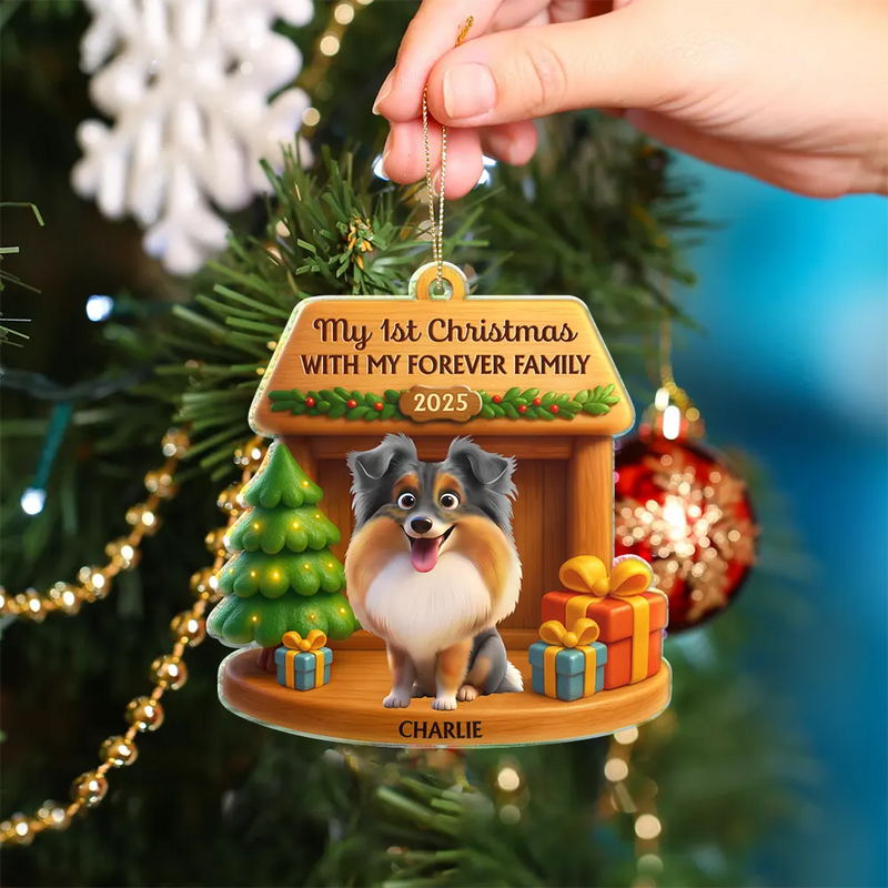 Pet Lovers, Pet Mom, Pet Dad, Dog Lovers, Dog Mom, Dog Dad, Happy, Christmas - My First Christmas With My Forever Family - Personalized Custom Shaped Acrylic Ornament