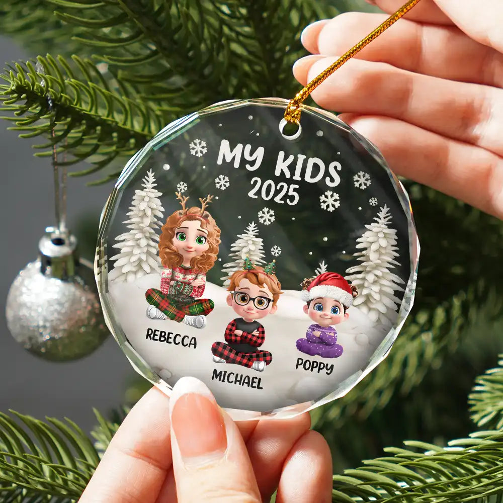 Happy,Christmas,Gift For Grandma,Gift For Grandparents,Gift For Grandpa,Parents - My Grandkids 3D Effect - Personalized Circle Glass Ornament
