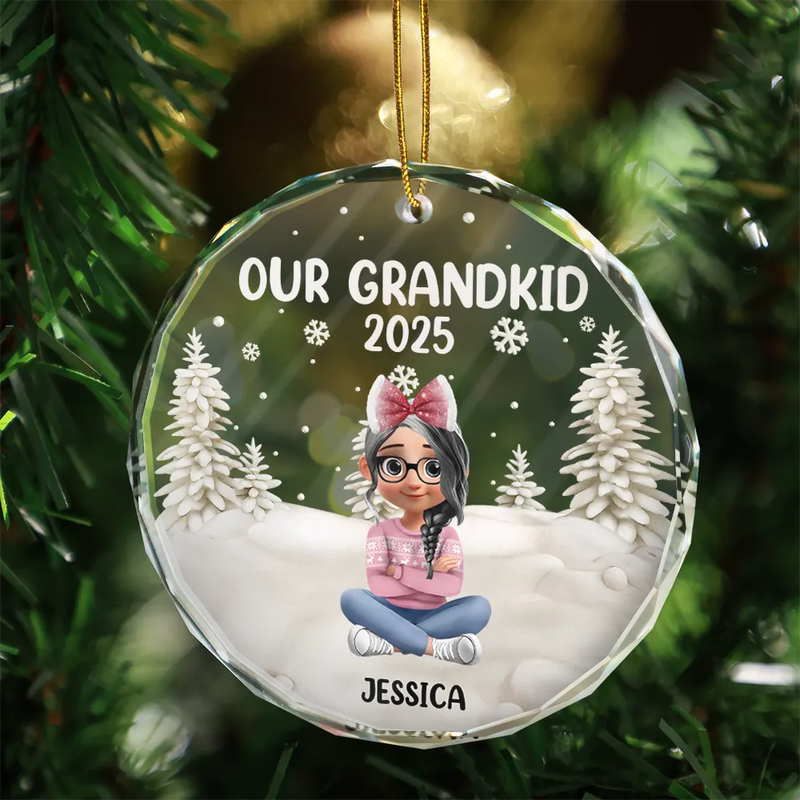 Happy,Christmas,Gift For Grandma,Gift For Grandparents,Gift For Grandpa,Parents - My Grandkids 3D Effect - Personalized Circle Glass Ornament