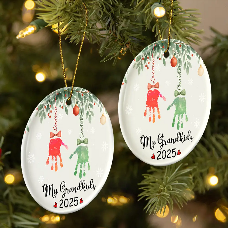 Gift For Grandpa,Gift For Grandma,Gift For Grandparents,Funny,Christmas - My Grandkids Handprints - Personalized Circle Ceramic Ornament