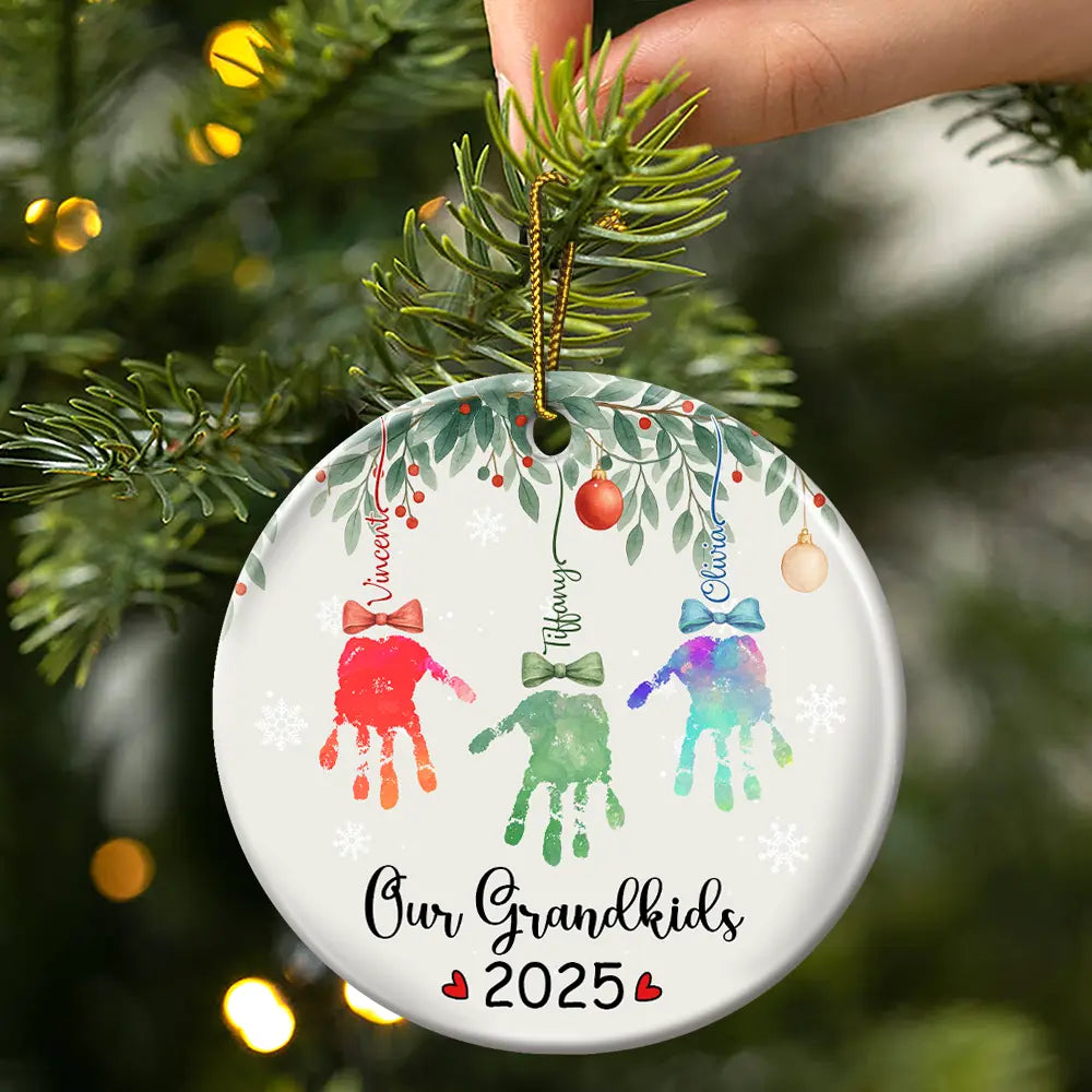 Gift For Grandpa,Gift For Grandma,Gift For Grandparents,Funny,Christmas - My Grandkids Handprints - Personalized Circle Ceramic Ornament