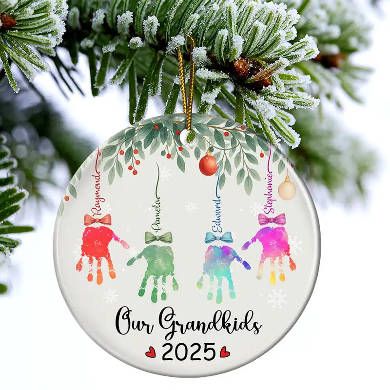 Gift For Grandpa,Gift For Grandma,Gift For Grandparents,Funny,Christmas - My Grandkids Handprints - Personalized Circle Ceramic Ornament