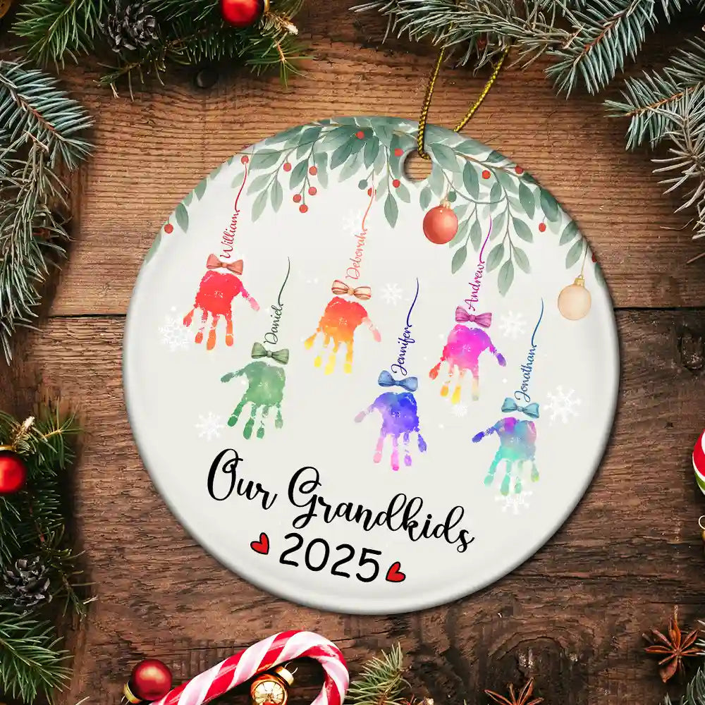 Gift For Grandpa,Gift For Grandma,Gift For Grandparents,Funny,Christmas - My Grandkids Handprints - Personalized Circle Ceramic Ornament
