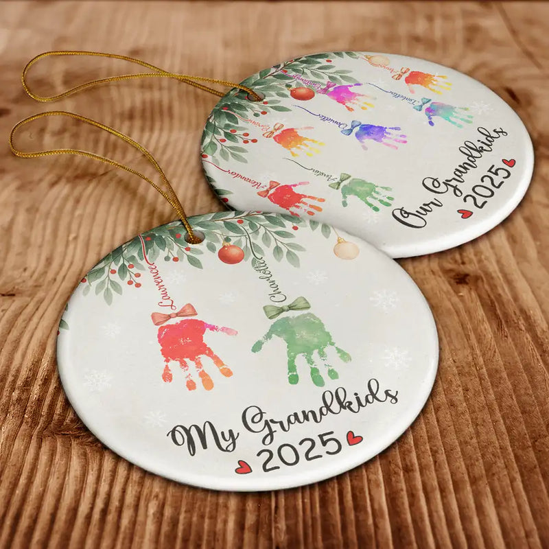 Gift For Grandpa,Gift For Grandma,Gift For Grandparents,Funny,Christmas - My Grandkids Handprints - Personalized Circle Ceramic Ornament