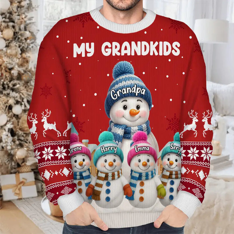 Gift For Grandpa,Gift For Women,Christmas,Top Market,Happy,Gift For Grandma,Gift For Grandparents - My Grandkids Snowman 3D Effect - Personalized Unisex Ugly Sweater