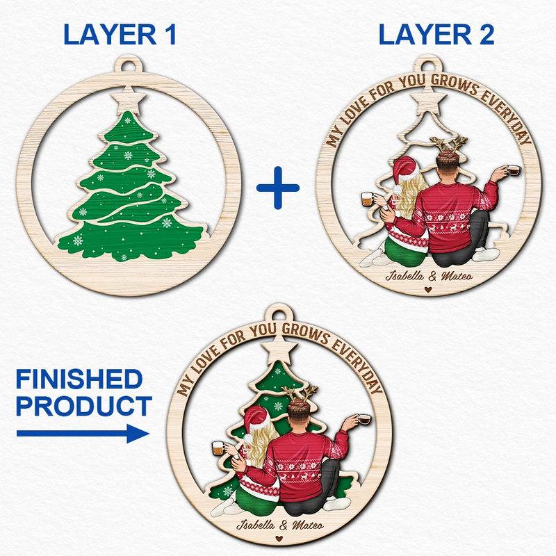 Christmas,Old Couples,Gift For Couples,Gift For Husband,Gift For Wife,Gift For Boyfriend,Gift For Girlfriend,Happy - My Love For You Grows Everyday - Personalized 2-Layered Wooden Ornament