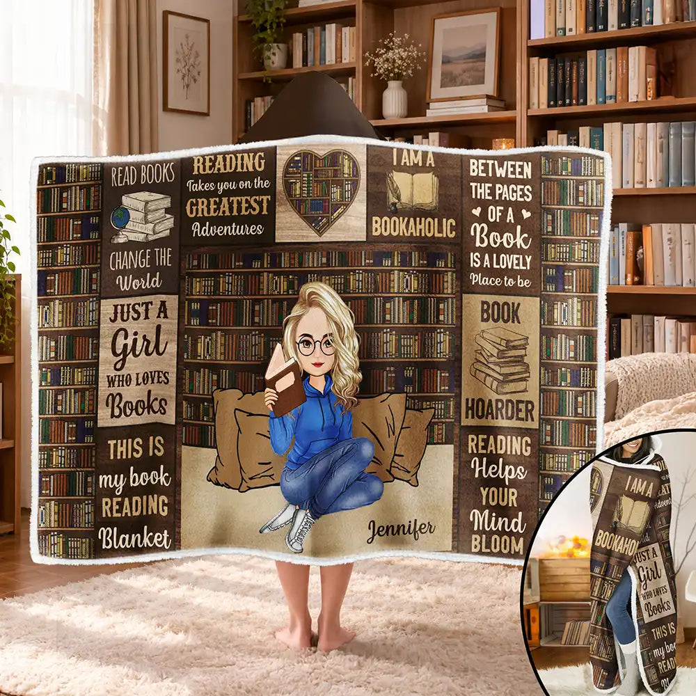 My Reading Blanket Just A Girl Who Loves Books - Personalized Wearable Hooded Blanket