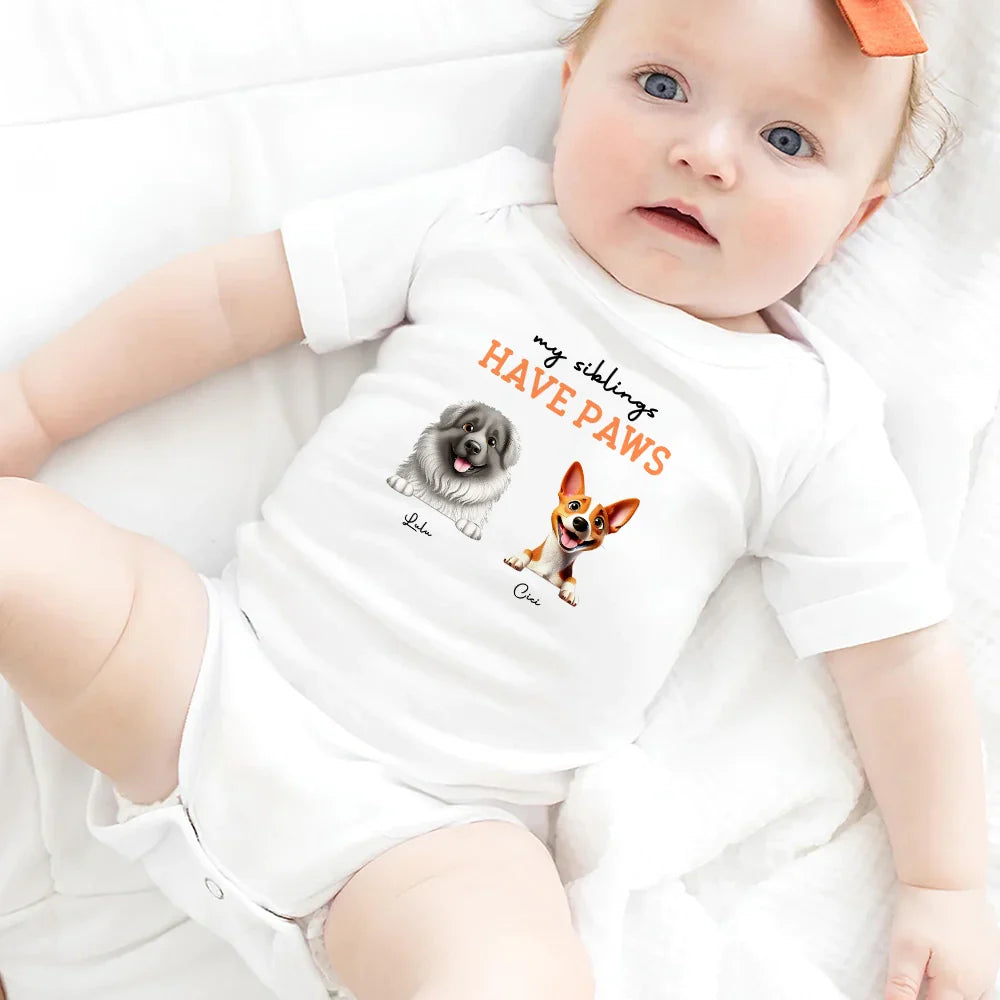 Pet Lovers, Dog Lovers, Cat Lovers, Gift For Kids, Happy - My Siblings Have Paws 3D Effect Dog Cat - Personalized Baby Onesie