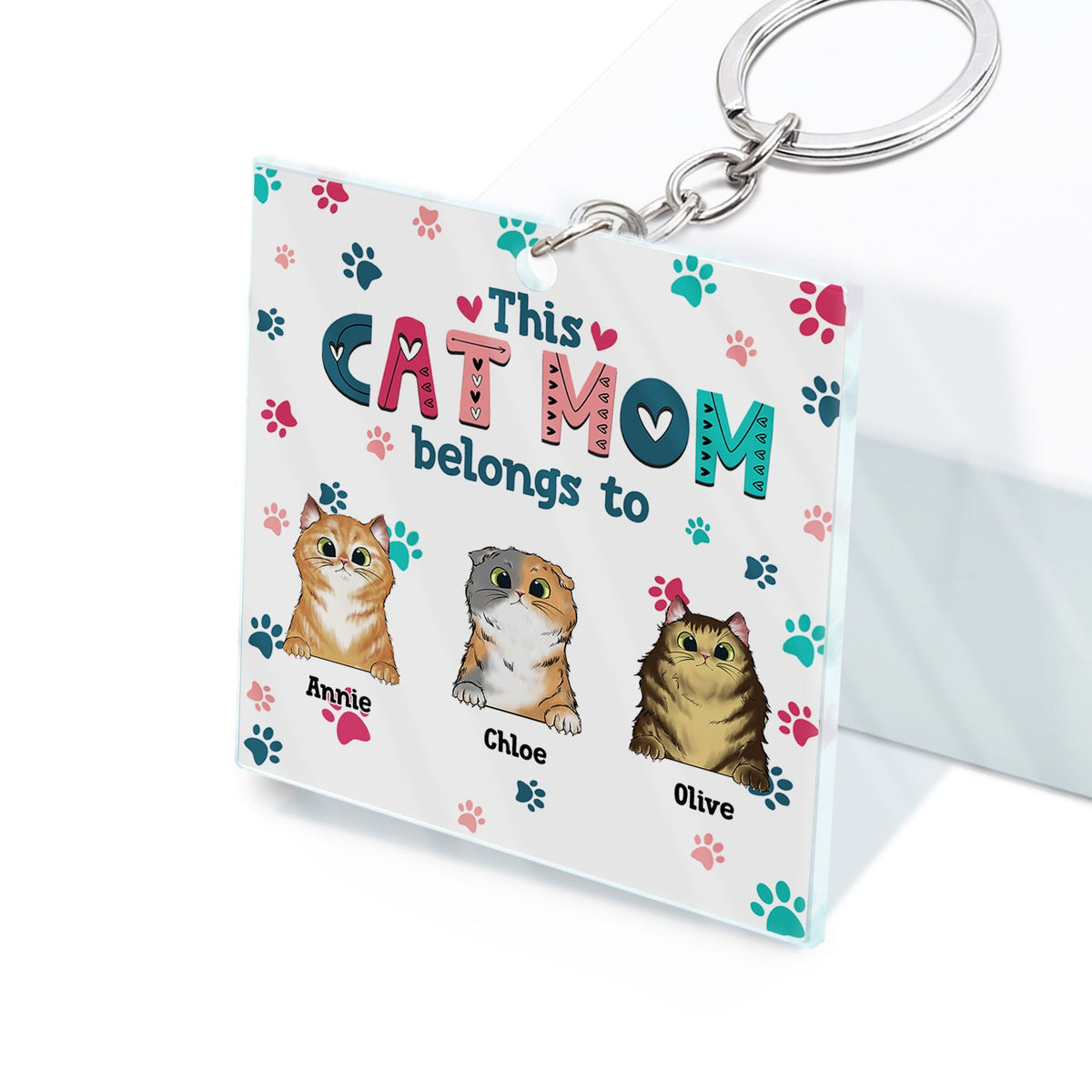 Cat Mom Cat Dad Cute Colorful Paw Prints - Birthday Gift For Pet Lovers - Personalized Custom Acrylic Keychain